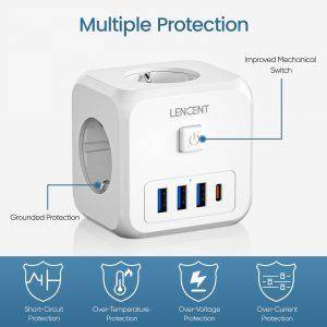 LENCENT EU Plug Power Strip with 3 AC Outlets +3 USB Charging Ports+ 1 Type C 5V 2.4A Adapter 7-in-1 Plug Socket On/Off Switch 2