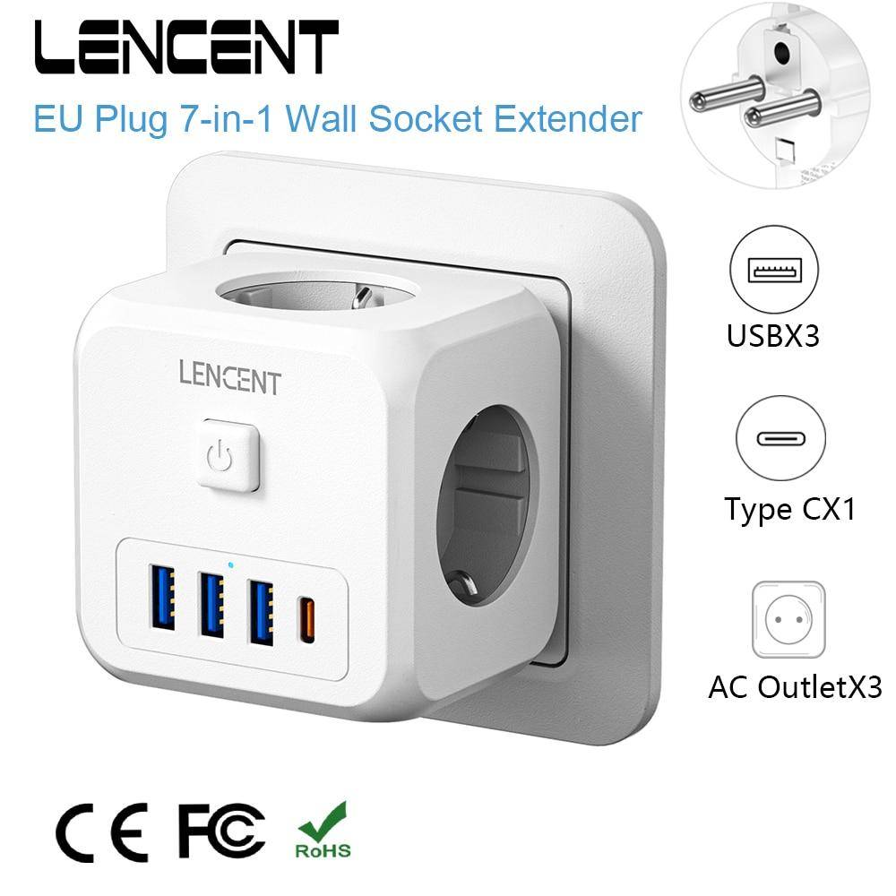 LENCENT EU Plug Power Strip with 3 AC Outlets +3 USB Charging Ports+ 1 Type C 5V 2.4A Adapter 7-in-1 Plug Socket On/Off Switch