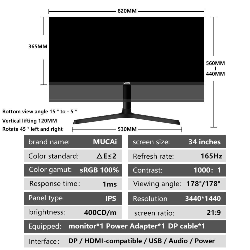 MUCAI 34 Inch Monitor 144Hz Wide Display 21:9 IPS 165Hz