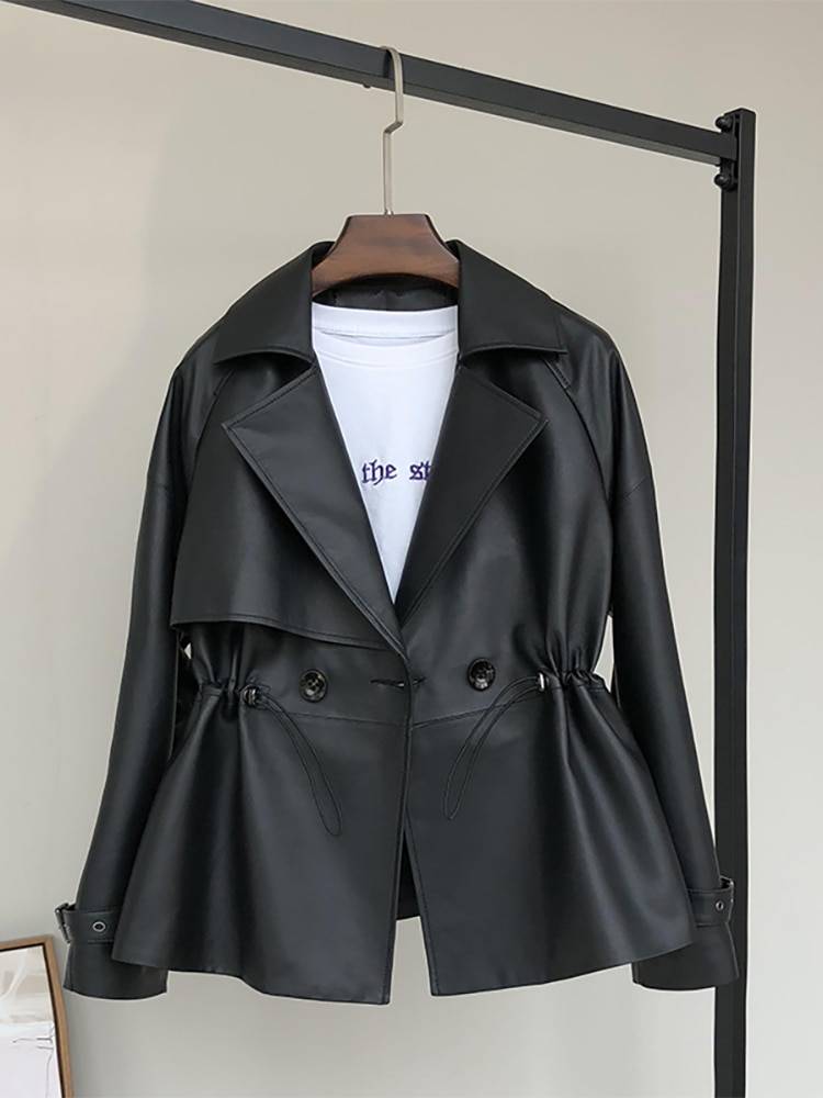Nerazzurri Spring Black Short Soft Faux Leather Trench Coat for Women Raglan Sleeve Drawstring Lapel Double Breasted Fashion