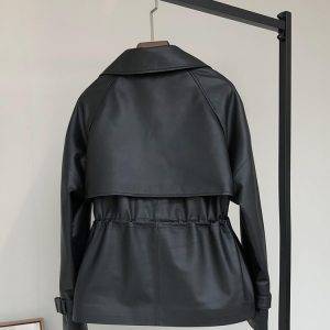 Nerazzurri Spring Black Short Soft Faux Leather Trench Coat for Women Raglan Sleeve Drawstring Lapel Double Breasted Fashion 2