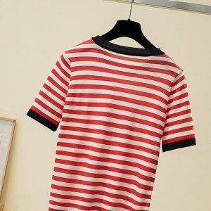 Embroidery Striped Knitted T Shirt Women Casual Short Sleeves Thin T-Shirts Woman Clothes Tee Shirt Femme Summer Tops Camisetas 2