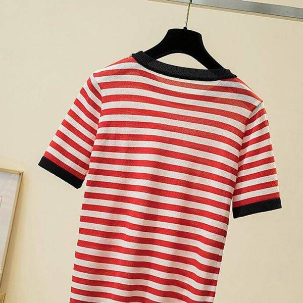 Embroidery Striped Knitted T Shirt Women Casual Short Sleeves Thin T-Shirts Woman Clothes Tee Shirt Femme Summer Tops Camisetas