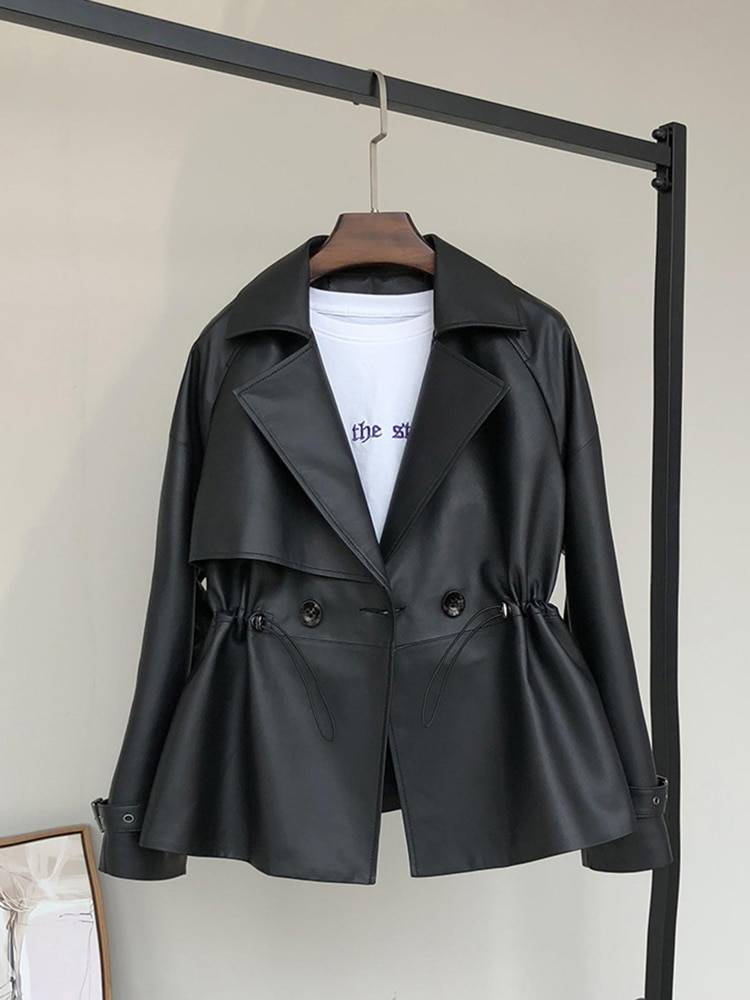 Nerazzurri Spring Black Short Soft Faux Leather Trench Coat for Women Raglan Sleeve Drawstring Lapel Double Breasted Fashion