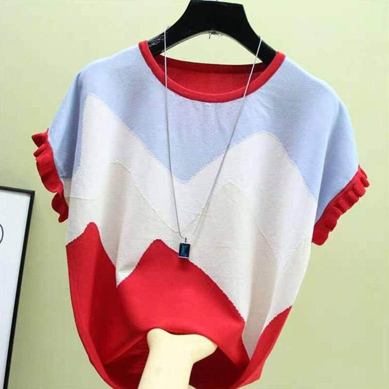 Knitted Stitching Color T-Shirt for Women