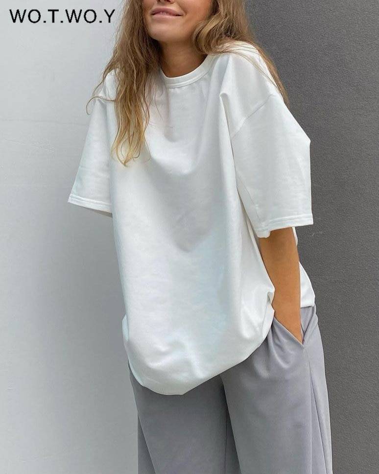 WOTWOY Summer Casual Solid Oversized T-shirts Women