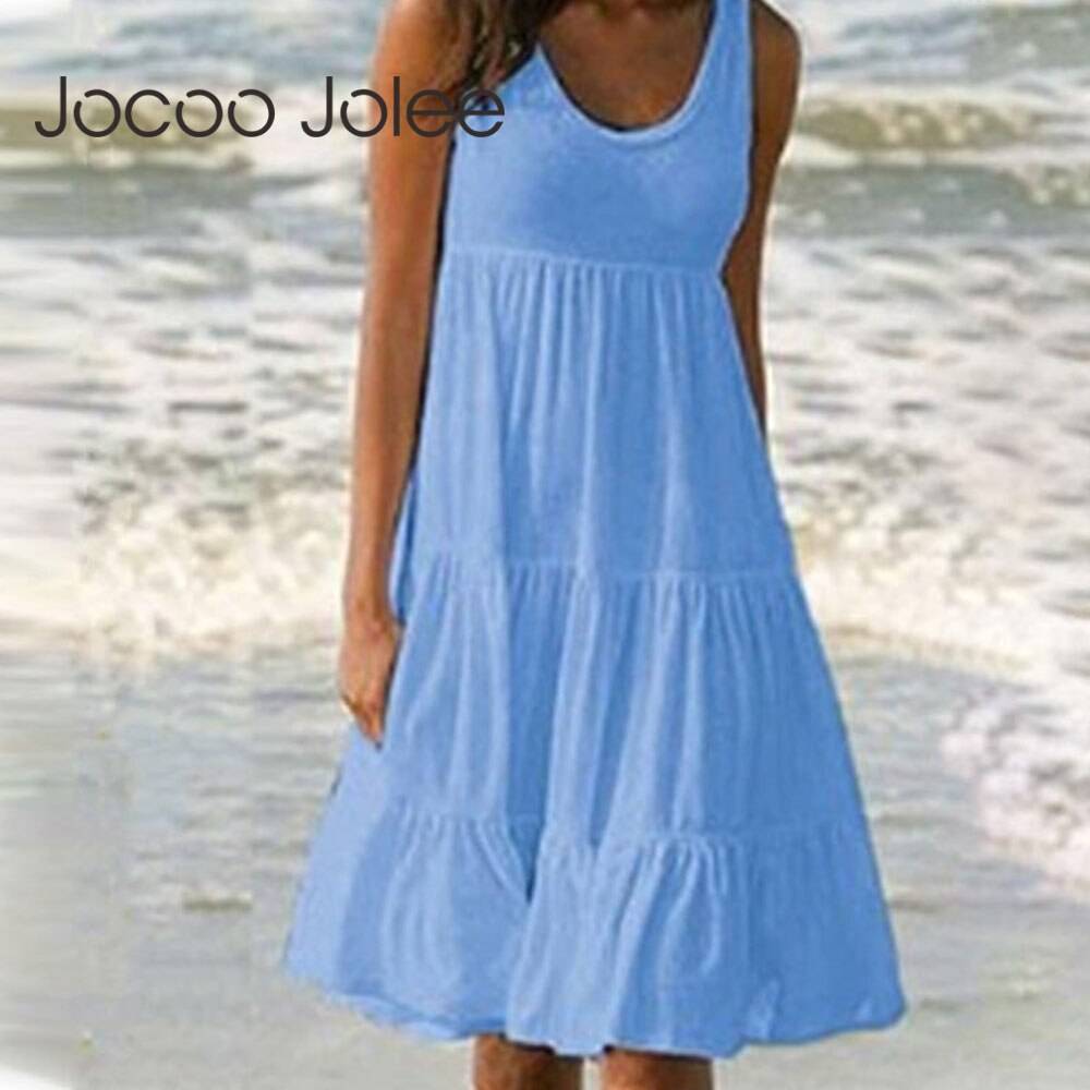 Jocoo Jolee Women Causual O Neck Sleeveless Ruffles Mini Dress