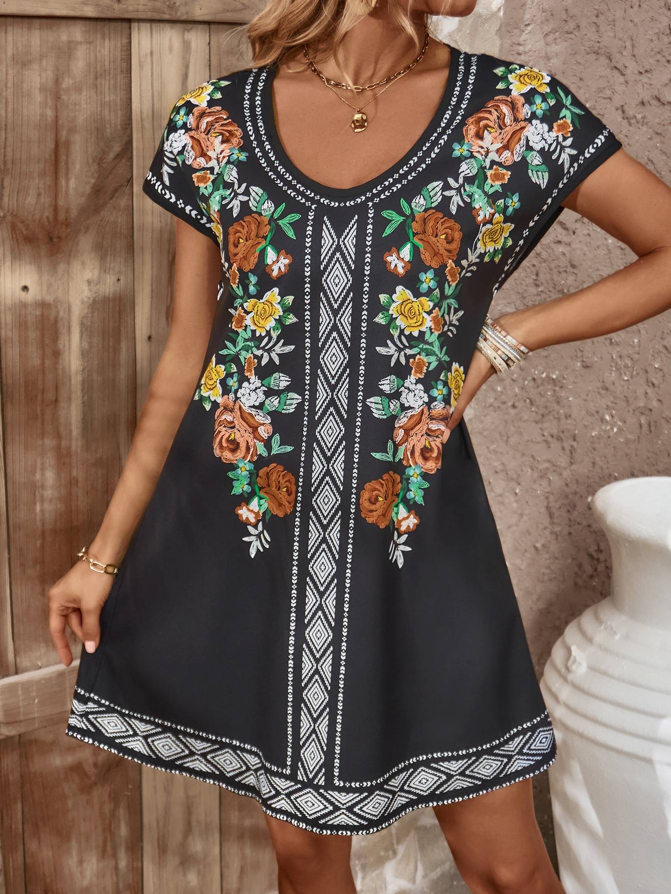 Finjani Floral Print Dress Batwing Sleeve Tunic Dresses Summer