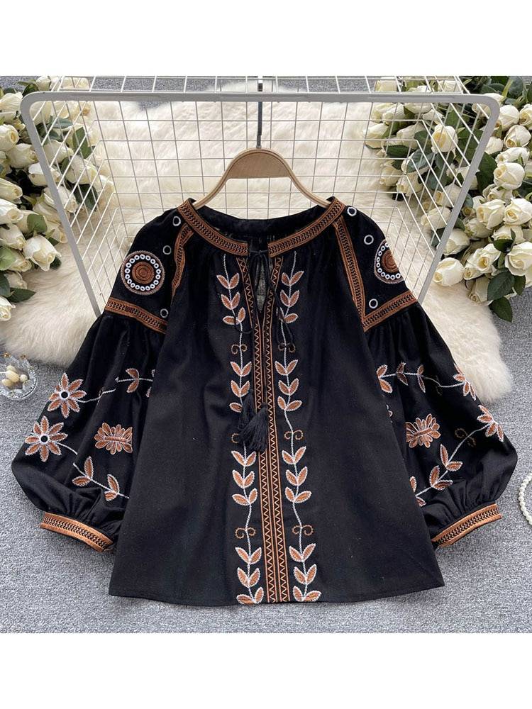 Women Spring Blouse Korean Version Embroidered Ethnic Style