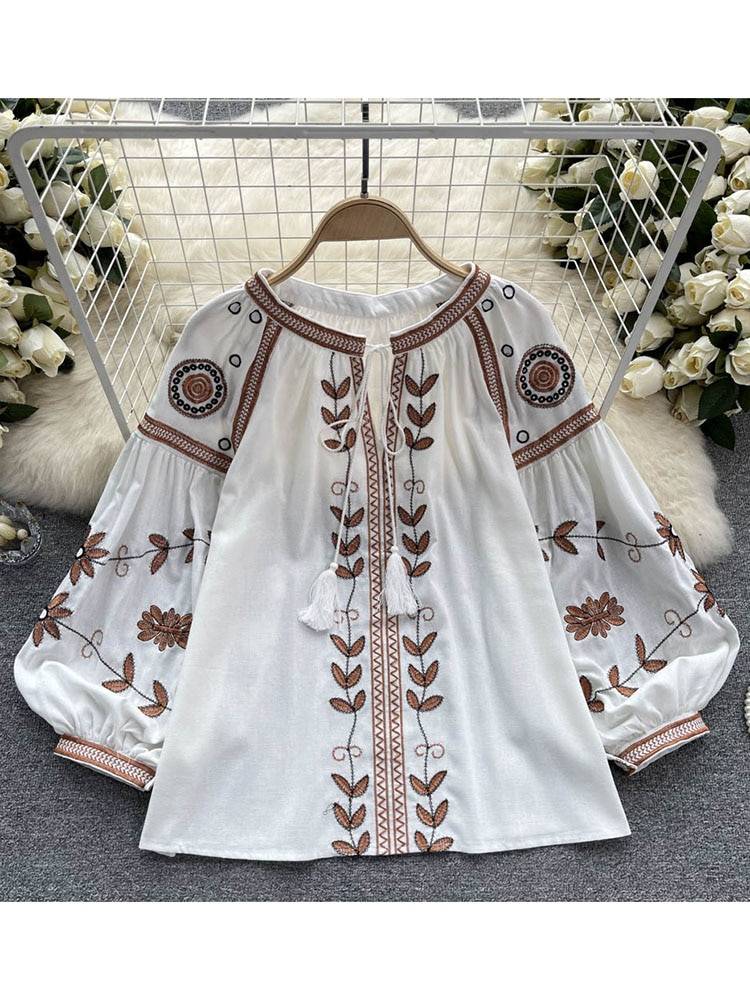 Women Spring Blouse Korean Version Embroidered Ethnic Style